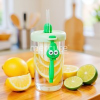 Pahar din silicon, cu pai, pentru copii, anti-cadere, compartiment fructe/ceai/gheata, 500ml, verde