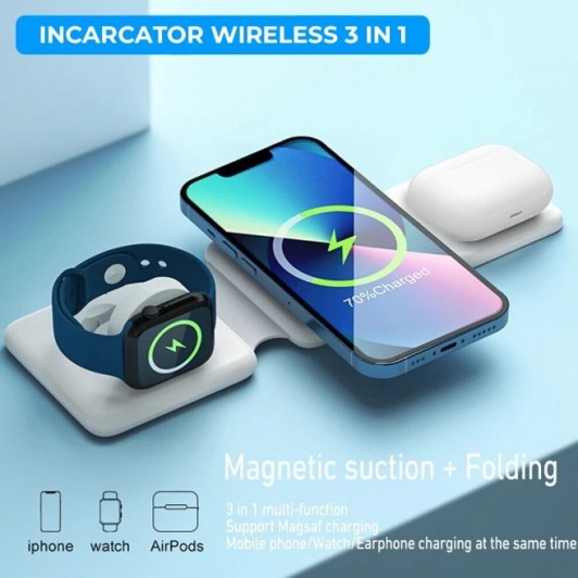 Incarcator Wireless 3 in 1 MagSafe Portabil, Statie Incarcare Qi Fast Charge 15W