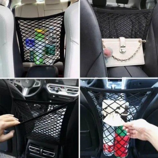Organizator auto intre scaune, tip plasa elastica, 29 x 24.5 cm, negru