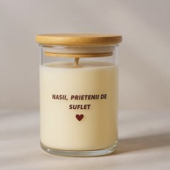 Lumanare cu mesaj pentru Nasi handmade, parfumata, cu capac din bambus