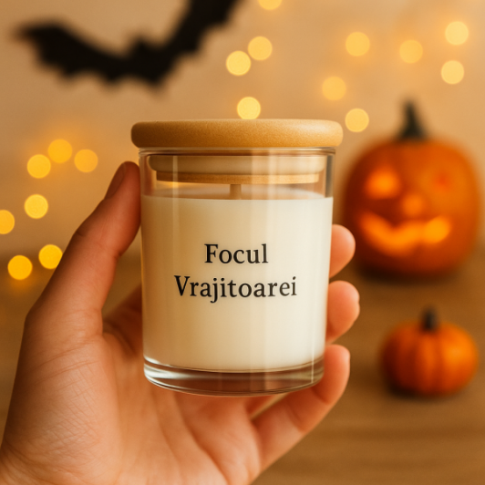 Lumanare parfumata „Focul Vrajitoarei” handmade din ceara de soia, cu capac din bambus Lumanare parfumata „Focul Vrajitoarei” handmade din ceara de soia, cu capac din bambus