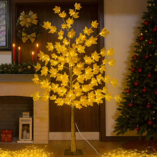 Copacel Golden Tree, decorativ, frunze luminoase, suport auriu, finisaj premium, alb cald, 1.75 m