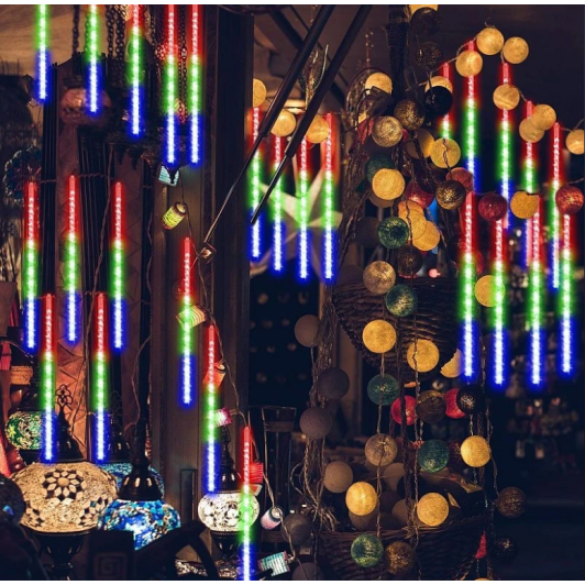 Instalatie 8 turturi meteori, 288 LED multicolor, tuburi 45 cm