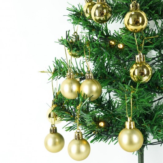 Brad Artificial Impodobit, 60 cm, suport + instalatie 20 leduri alb cald + 20 globuri aurii