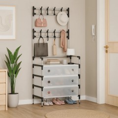 Cuier cu raft pantofi pe 4 niveluri si 8 carlige duble 77 x 35 x 167 cm Negru