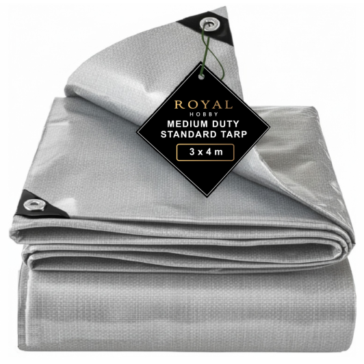 Prelata 3 m x 4 m, inele aluminiu, colturi ranforsate, 3 straturi protectie, gri, densitate 150 gr