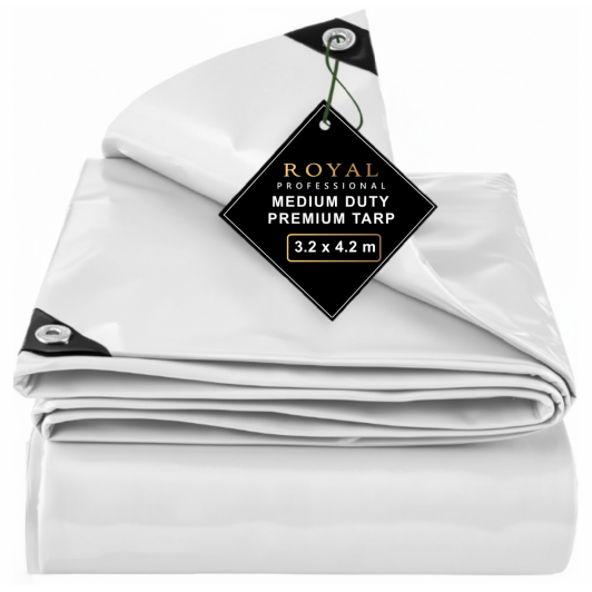 Prelata cauciucata 3.2 m x 4.2 m alba, impermeabila, cu inele, densitate 500 g/mp