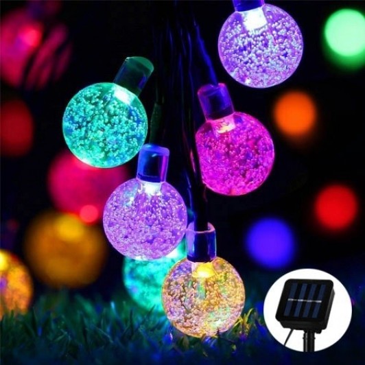 1 + 1 Gratis Instalație Solară 30 Globuri de Cristal LED, 6.5 m fiecare, Multicolor