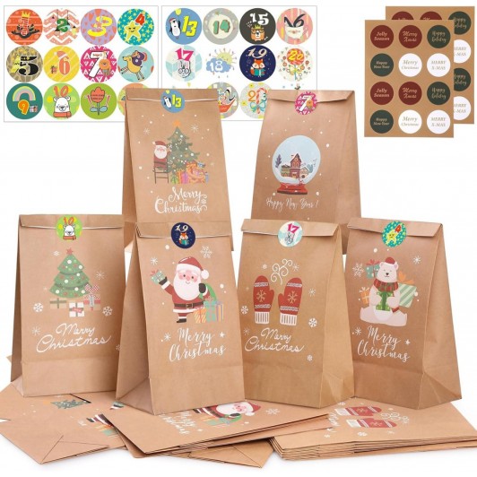 12 x Pungi de Cadou cu tema de Craciun, 22 x 12 x 8 cm, din Hartie + Cadou 12 Stickere