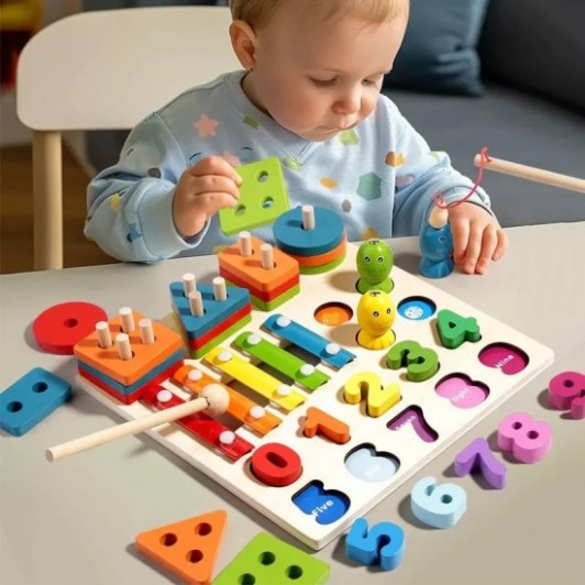 Centru complet de activitati Montessori, multifunctional din lemn 4 in 1 activitati, 3 ani+