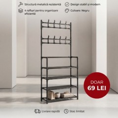 Cuier metalic cu 4 rafturi de organizare, Negru Cuier metalic cu 4 rafturi de organizare, Negru