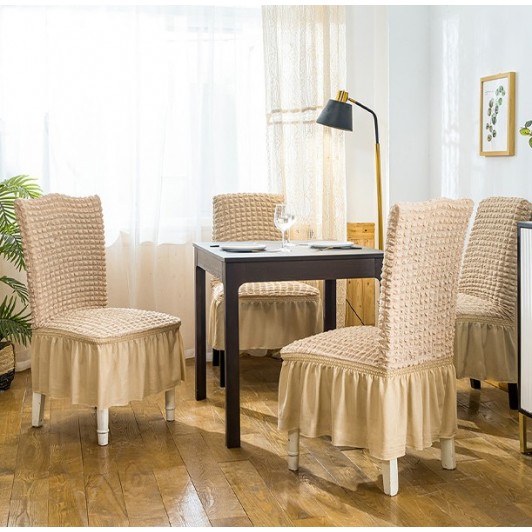 SET 6 Huse creponate universale, cafea cu lapte, cu volane pentru scaune, bumbac, rezistente la apa