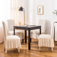 SET 6 Huse creponate universale, ivory, cu volane pentru scaune, bumbac, rezistente la apa