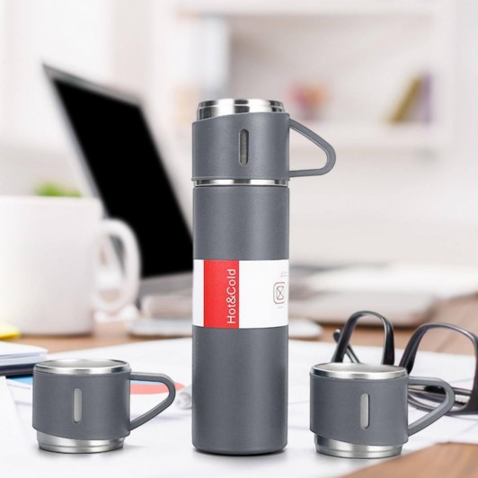 Set 4 piese: Termos 500 ml + 3 cesti, otel inoxidabil, Negru