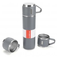 Set 4 piese: Termos 500 ml + 3 cesti, otel inoxidabil, Negru