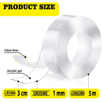 Banda Dublu Adeziva, Transparenta, Rezistenta la Apa, Reutilizabila, Tehnologie Nano, Fara Urme, 5m