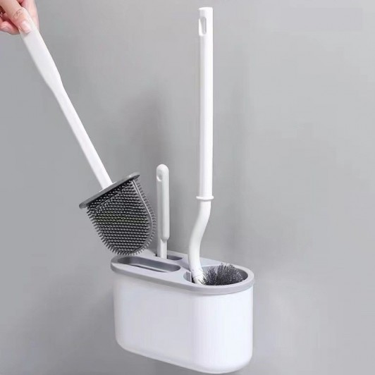 Set 3 Perii pentru Toaleta, Perie Zimtata, Cap Flexibil, Suport Adeziv pentru Montarea pe Perete