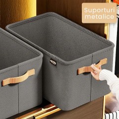 1+1 Gratis Cutie Depozitare Haine, lucruri, Textil cu Cadru Metalic, Manere Laterale, 42 x 28 x 25cm