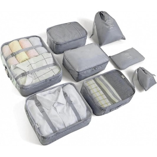 Set 8 genti organizare bagaje, material poliester, impermeabile, cu fermoar, pliabile, gri