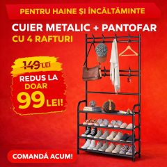 Cuier metalic + Pantofar cu 4 rafturi, pachet 2 in 1 pentru incaperi mici, hol, living, birou