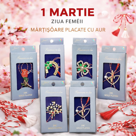 Set 50 brose placate cu aur 24k, martisoare diverse modele, 5 modele x 10 bucati din fiecare model Set 50 brose placate cu aur 24k, martisoare diverse modele, 5 modele x 10 bucati din fiecare model