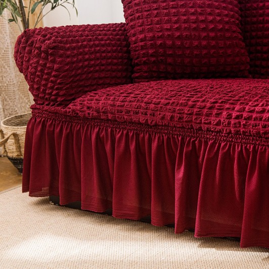 Husa creponata universala canapea 3 locuri, bordo (visiniu), cu volane, bumbac, rezistenta la apa Husa creponata universala canapea 3 locuri, bordo (visiniu), cu volane, bumbac, rezistenta la apa