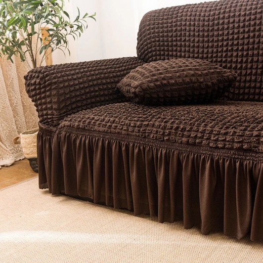 Husa creponata universala canapea 3 locuri, maro, cu volane, bumbac, rezistenta la apa
