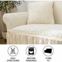 Husa creponata universala canapea 3 locuri, ivory, cu volane, bumbac, rezistenta la apa Husa creponata universala canapea 3 locuri, ivory, cu volane, bumbac, rezistenta la apa