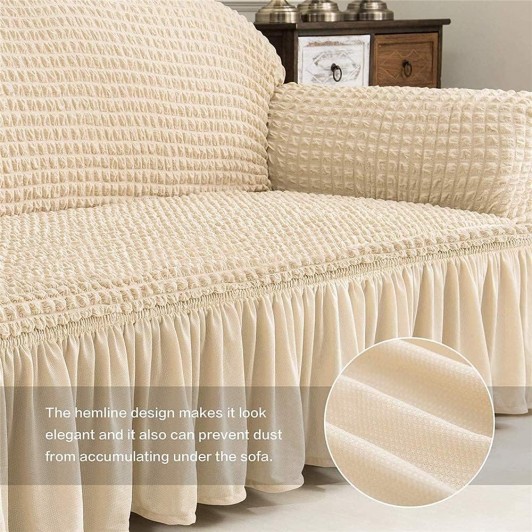 Husa creponata universala canapea 3 locuri, bej, cu volane, bumbac, rezistenta la apa Husa creponata universala canapea 3 locuri, bej, cu volane, bumbac, rezistenta la apa