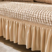 Husa creponata universala canapea 3 locuri, bej-cafea cu lapte, cu volane, bumbac, rezistenta la apa