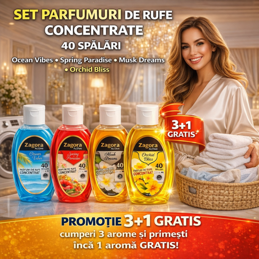 3 + 1 Gratis Parfumuri de rufe concentrate Zagora Active 4 parfumuri 220 ml, fiecare cu aroma unica