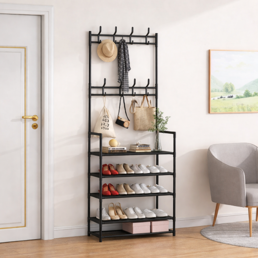 Cuier metalic + Pantofar cu 4 rafturi, pachet 2 in 1 pentru incaperi mici, hol, living, birou