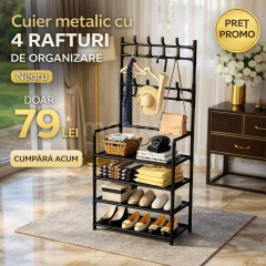 Cuier metalic + Pantofar cu 4 rafturi, pachet 2 in 1 pentru incaperi mici, hol, living, birou