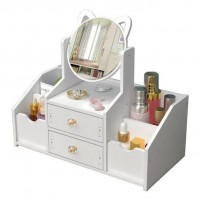 Cutie bijuterii si accesorii machiaj, din lemn, cu oglinda rotunda, alb