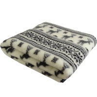 Patura rustica din lana naturala de oaie, gri, model cerbi, 200 x 220 cm, strat dublu, foarte groasa