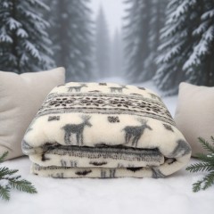 Patura rustica din lana naturala de oaie, gri, model cerbi, 200 x 220 cm, strat dublu, foarte groasa