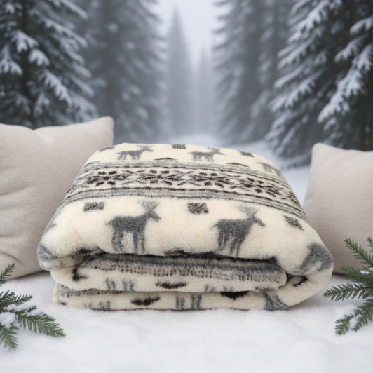 Patura rustica din lana naturala de oaie, gri, model cerbi, 200 x 220 cm, strat dublu, foarte groasa