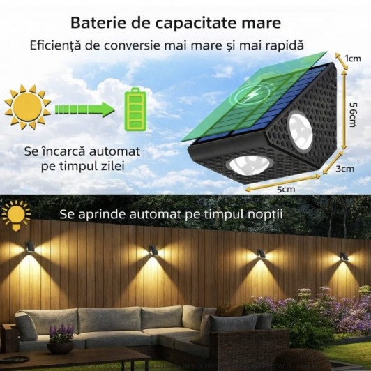 Set 2 lampi tridirectionale, incarcare solara, decorative, de perete, alb cald Set 2 lampi tridirectionale, incarcare solara, decorative, de perete, alb cald