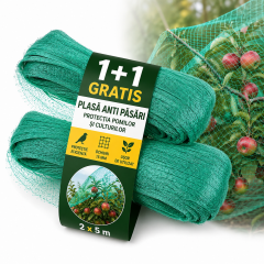 1+1 Gratis: Plasa anti pasari, 2 x 5 m cu ochiuri de 15 mm, protectia pomilor si culturilor