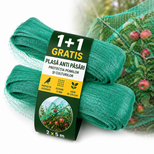 1+1 Gratis: Plasa anti pasari, 2 x 5 m cu ochiuri de 15 mm, protectia pomilor si culturilor