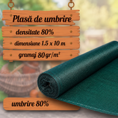 Plasa de umbrire 1.5 x 10 m. 80 g/mp, cu butoniere, protectie 80% Plasa de umbrire 1.5 x 10 m. 80 g/mp, cu butoniere, protectie 80%