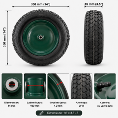 Roata roaba 14" x 3.5 - 8, AX D14 x 100 mm cu bucsa din otel, model premium, camera inclusa