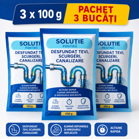 Set 3 x pudra ultra-eficienta pentru curatare si desfundare tevi, vas toaleta, scurgeri, etc