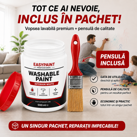 Vopsea lavabila pentru reparatii rapide + pensula aplicare, 500 ml - pentru interior Vopsea lavabila pentru reparatii rapide + pensula aplicare, 500 ml - pentru interior