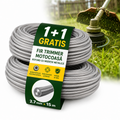 1 + 1 Gratis: Fir trimmer din otel pentru motocoasa, rotund, cu insertie metalica, 2.7 mm x 15 m