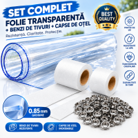 Folie cristal groasa 1.8 m x 10 m inchidere terase/foisoare + 2 x role tiv-uri + set 50 capse otel