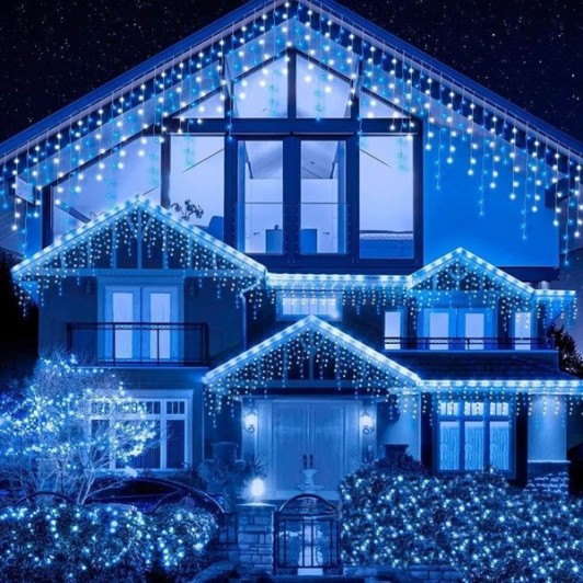 1 + 1 Gratis Instalatii franjuri led Craciun 12 m, 300 LED, cu franjuri, albastru, total 24 metri