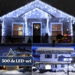 1 + 1 Gratis Instalatii franjuri led Craciun 12 m, 300 LED, cu franjuri, alb rece, total 24 metri