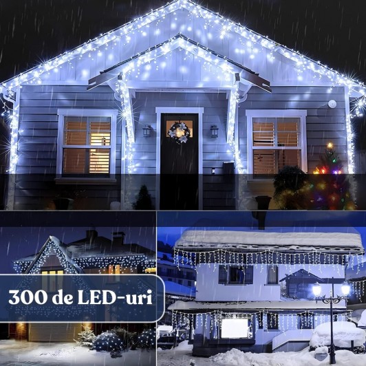 1 + 1 Gratis Instalatii franjuri led Craciun 12 m, 300 LED, cu franjuri, alb rece, total 24 metri