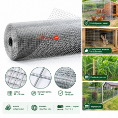 Plasa sarma de otel galvanizata – 1×12 m – ochiuri 10×10 mm – diametru sarma 1,0 mm